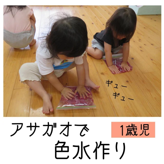 アサガオで色水作り〜1歳児〜

子ども達と一緒に植えていた花壇のアサガオが咲き、アサガオを使って色水作りをしました！
咲いているアサガオを採り、袋に入れて、シャカシャカと振ったり、叩いたり、揉んだり…子ども達は思い思いに様々な方法を試したり、大人をマネたりしていましたよ！
色がだんだんと出てきた事にも気づいて、教えてくれましたよ！
最後は容器に入れ、自分で作った色水を、振ったり並べたりして楽しみました。

#アサガオ#あさがお#朝顔#色水#色水遊び#色水あそび#色水作り#自然#自然物遊び#植物#花#水遊び#色の変化#五感#五感遊び#保育園#乳児#乳児保育#倉敷市#小規模保育園