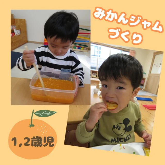 〜みかんジャム作り　1,2歳児〜

先日グリーンハウスでみかんを買いそのみかんでみかんジャム作りをしました🍊たくさんある中からひとつずつみかんを選び、まずは皮剥き。真剣な表情で少しずつ剥いていくことができましたよ！
フードチョッパーでみかんを潰したり砂糖を入れて混ぜたりなどみんなで交代しながら作っていき、おいしいみかんジャムが完成！みんなおかわりをして食べていましたよ😋

#みかん#ミカン#秋#食欲の秋#果物#フルーツ#みかんジャム#クッキング#料理#おやつ#食育#1歳#2歳#乳児#子ども#こども#倉敷#倉敷市#小規模#小規模園#小規模保育園#保育園#帯江